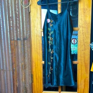 KEYS Black satin Floral Embroidered Dress, Size S